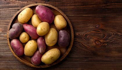 fresh colorful potatoes on the wooden brown table