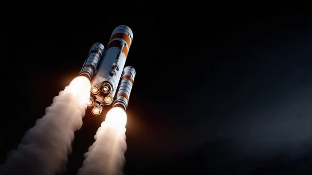 Spectacular rocket launch with fiery exhaust plumes against the dark sky background