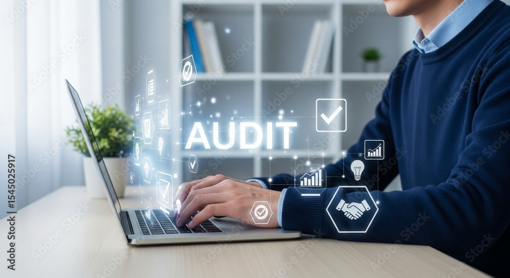 Aufkleber man using laptop with audit graphic overlay in office setting for business and finance tasks online