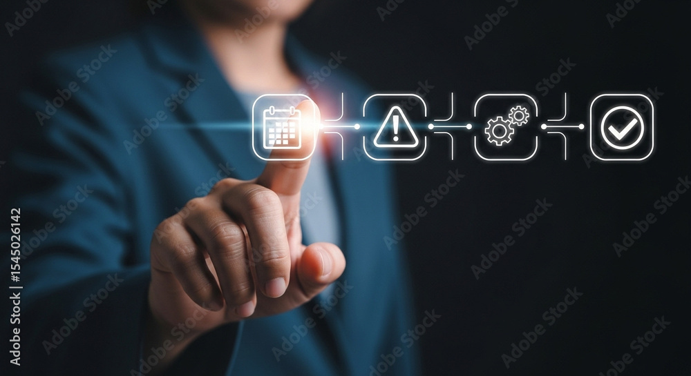 Aufkleber Person touching a calendar icon on a digital interface with workflow icons in the background