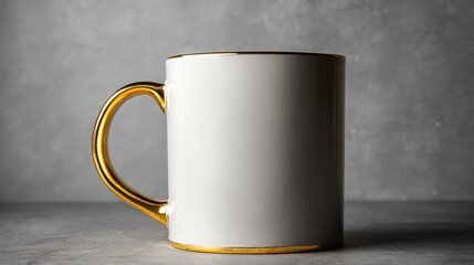 All-white mug with gold handle centered on gray background, blank design, positioned left for right-hand branding space, emphasizing simplicity and clarity in presentation.