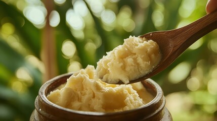 Creamy Murumuru Butter Scoop from Natural Jar Surrounded by Greenery