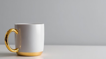 All-white mug with gold handle centered on gray background, blank design, positioned left for right-hand branding space, emphasizing simplicity and clarity in presentation.