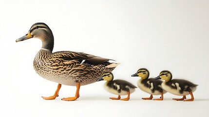 Brown Duck Followed by Three Ducklings on White Background in a Studio Shot