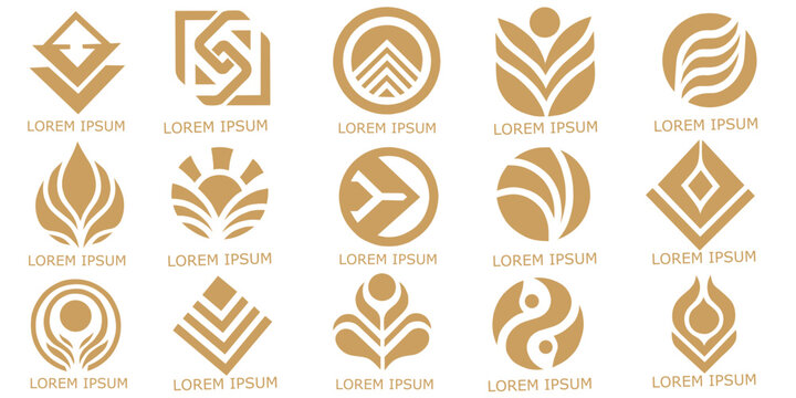 golden abstract logo icons featuring geometric, floral, and nature-inspired designs