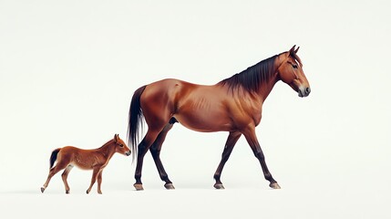 Brown Horse and Foal Walking Together on Plain White Background Warm Lighting