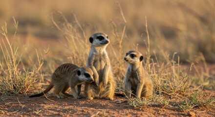 Fototapeta premium Three meerkats in savanna