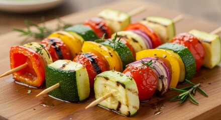 Grilled vegetable skewers with red bell peppers, zucchini, yellow bell peppers, red onions, and cherry tomatoes.  Rosemary sprigs add flavor