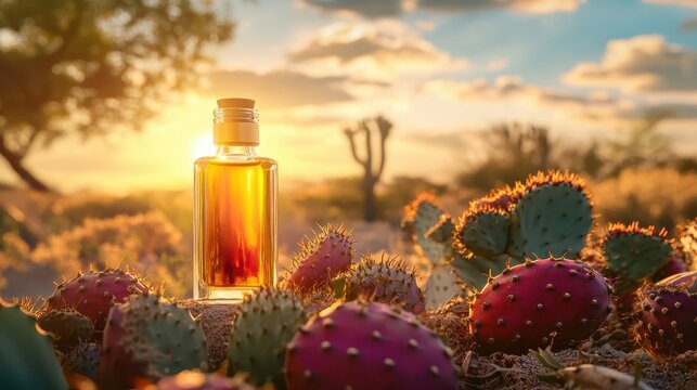 Prickly Pear Seed Oil in Luxury Glass Bottle at Sunset Desert Landscape