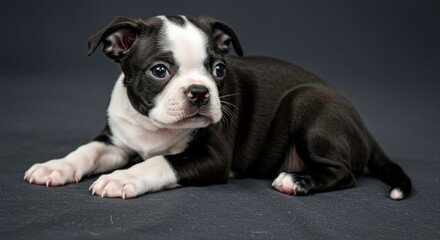Adorable Boston Terrier Puppy Lying Down on a Black Background in the Studio