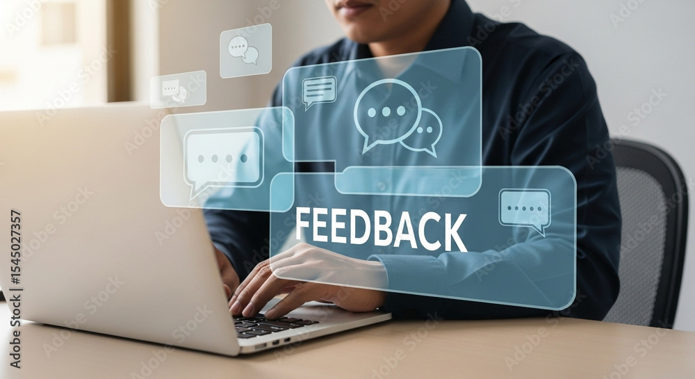 Poster Person typing on laptop with feedback graphic overlay showing chat bubbles and rating icons displayed