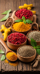 Wooden bowls filled with various spices: turmeric, red peppercorns, rosemary, and others.  Showcase of vibrant colors and textures, representing culinary diversity and healthy eating
