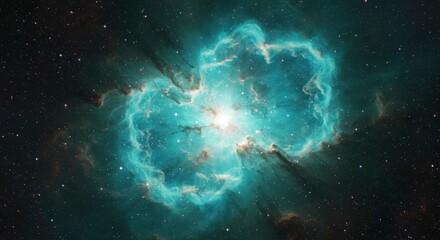 Fototapeta premium Glowing teal nebula in deep space, illuminated by a central light source. Darker cosmic dust contrasts against it