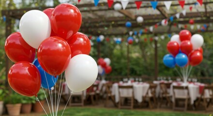 Festive outdoor party with red, white, and blue balloons