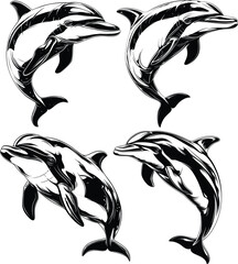Four Dolphins Formation Swimming Black White Line Art