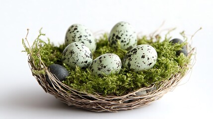 Close Up Bird Nest with Moss and Speckled Eggs on White Background Natural Light