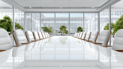 Fototapeta premium Modern Conference Room with Sleek Furniture, Bright Natural Light and Green Plants for Professional Meetings and Collaborations