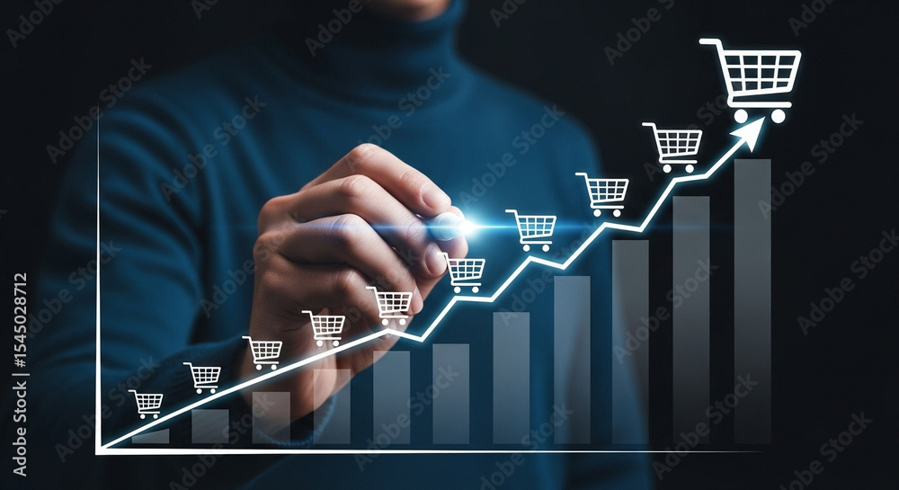 Poster a person drawing a rising graph with shopping cart icons on a dark background with bars below it