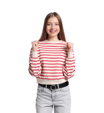Fototapeta Portrait of excited teenage girl on white background