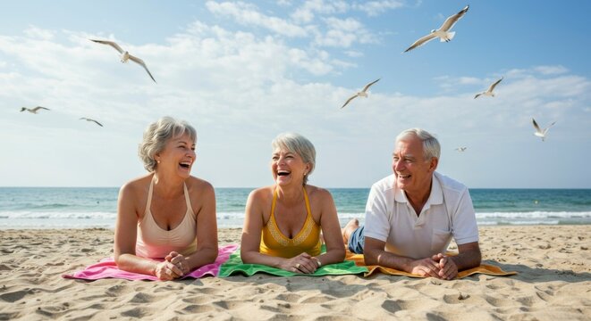 Three seniors joyfully recline on beach towels, laughing amidst flying seagulls under a bright sunny sky