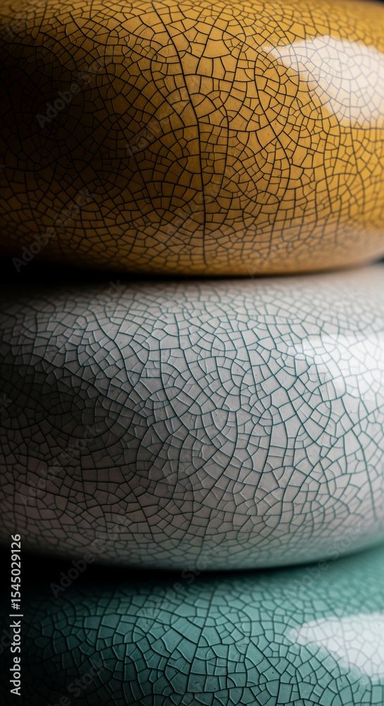 Poster close-up of three ceramic bowls with crackle glaze in yellow, white, and teal hues stacked, showcasi