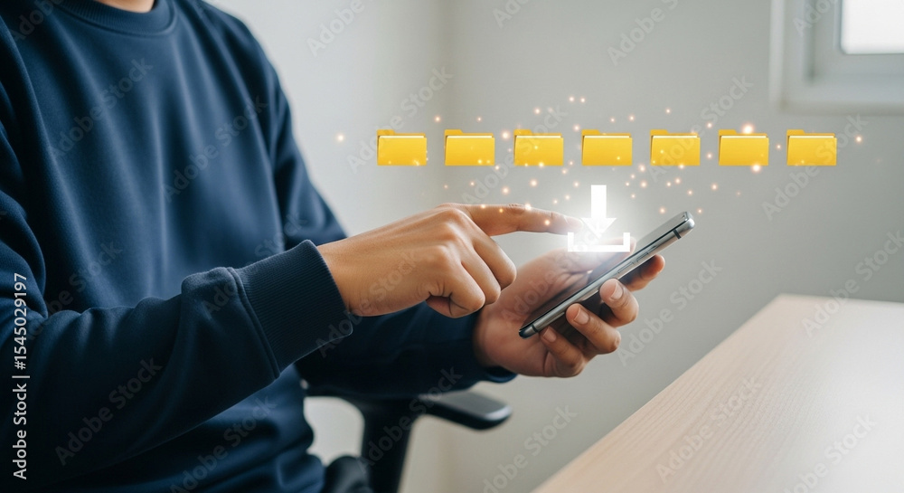 Poster Person using a smartphone to upload files from folders in a digital cloud environment concept