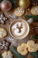 Festive Christmas Coffee with Reindeer Latte Art and Holiday Cookies