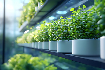 A glass greenhouse with green plants growing