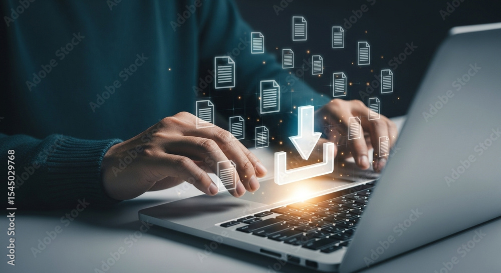 Poster person using laptop with digital download icon and floating document icons above keyboard area