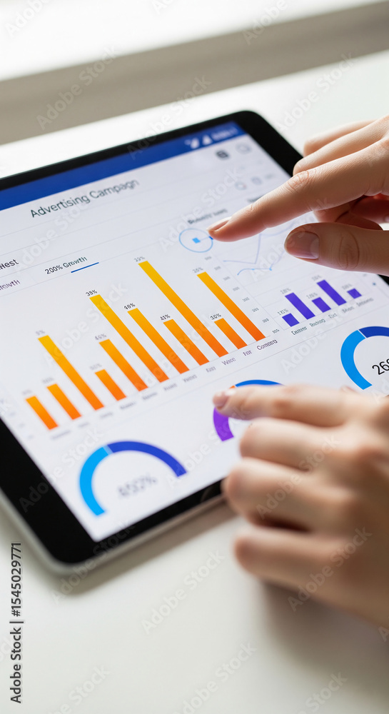 Wall mural close-up of hands using tablet displaying advertising campaign data graphs and charts, showcasing bu