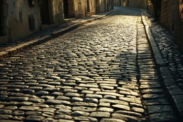 Charming Ancient European Cobblestone Street, Evoking Timelessness and Architectural Heritage
