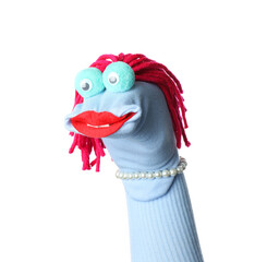 Funny sock puppet with hair isolated on white