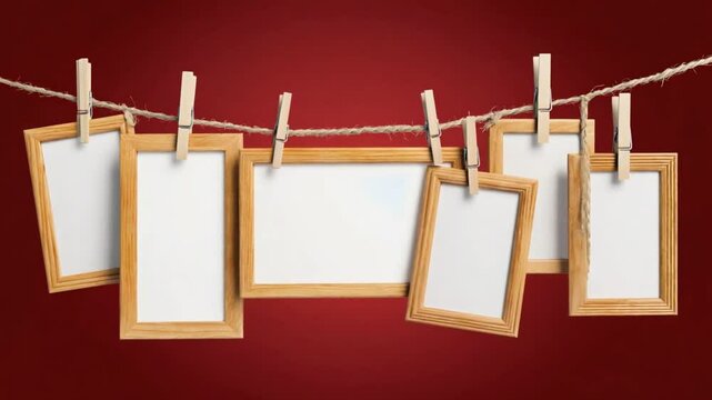 Photos hung with clothespins.