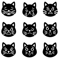 Cute Black Cat Emotional Faces Vector Icon Set - Expressive Feline Emojis