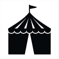 A classic circus tent silhouette with flag atop the structure, solid black