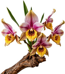 Naklejka premium Vibrant orchid flowers blooming on a textured branch with green leaves isolated on white background, showcasing exotic plant beauty and delicate floral details