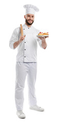 Happy confectioner in uniform holding delicious profiteroles with strawberries and rolling pin on...