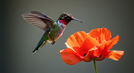 Fototapeta premium Hummingbird hovering near a red poppy flower. 