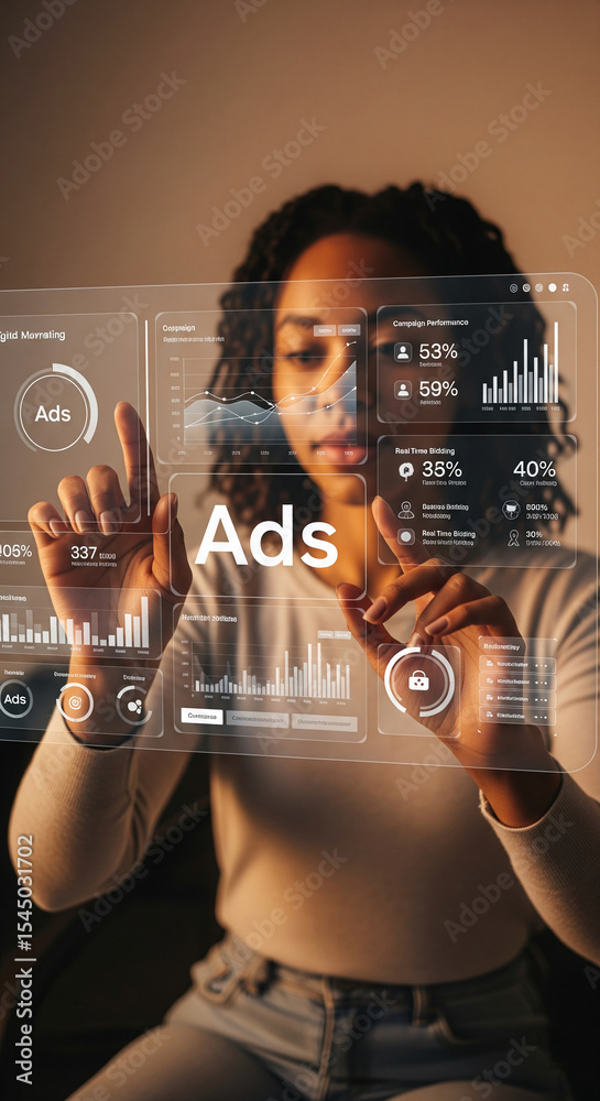Wall mural woman interacts with a transparent digital interface displaying ads campaign performance data, graph