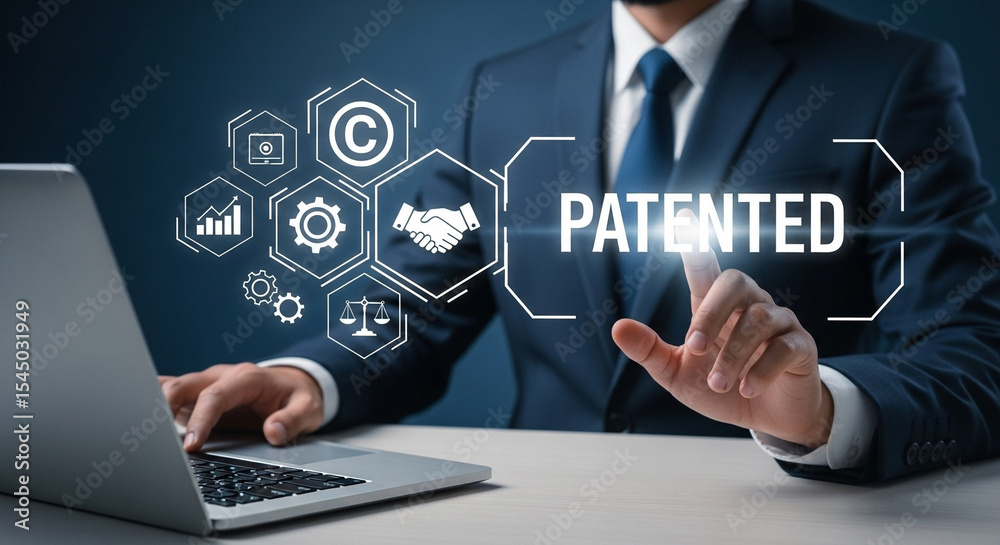 Poster businessman using laptop with patented graphic overlay and business related icons displayed digitall