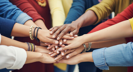 Obraz premium Close-up of diverse hands stacked together, showing unity and collaboration, symbolizing teamwork, support, and togetherness