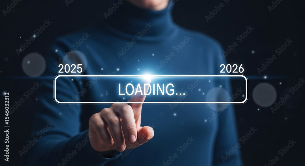 Aufkleber Person pointing at loading bar with years representing transition and progress in dark blue tones