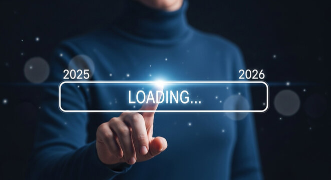 Person pointing at loading bar with years representing transition and progress in dark blue tones