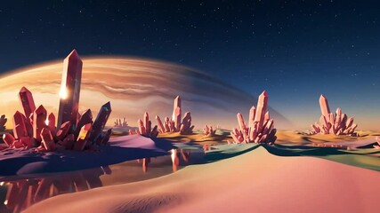 Fantastic Exoplanet Landscape with Giant Crystals and a Ringed Gas Giant Planet - Powered by Adobe