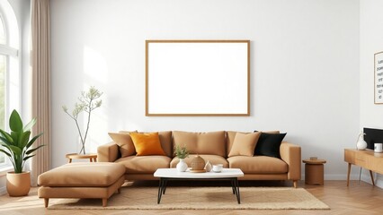 Frame mockup, ISO A paper size. Living room wall poster mockup. Interior mockup with house background. Modern interior design. 3D render