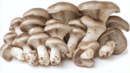 Oyster Mushrooms Freshly Harvested, Showcasing Their Unique Shape and Texture on White Background.