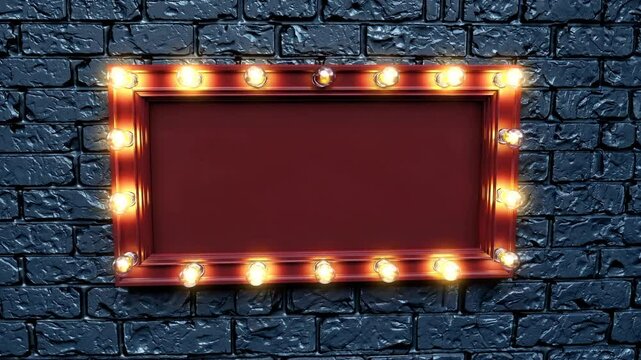 Red blank frame with light bulbs on dark blue brick wall background. Realistic 3d vector illustration of retro cinema or casino billboard with lamps. Circus or theatre empty banner template.