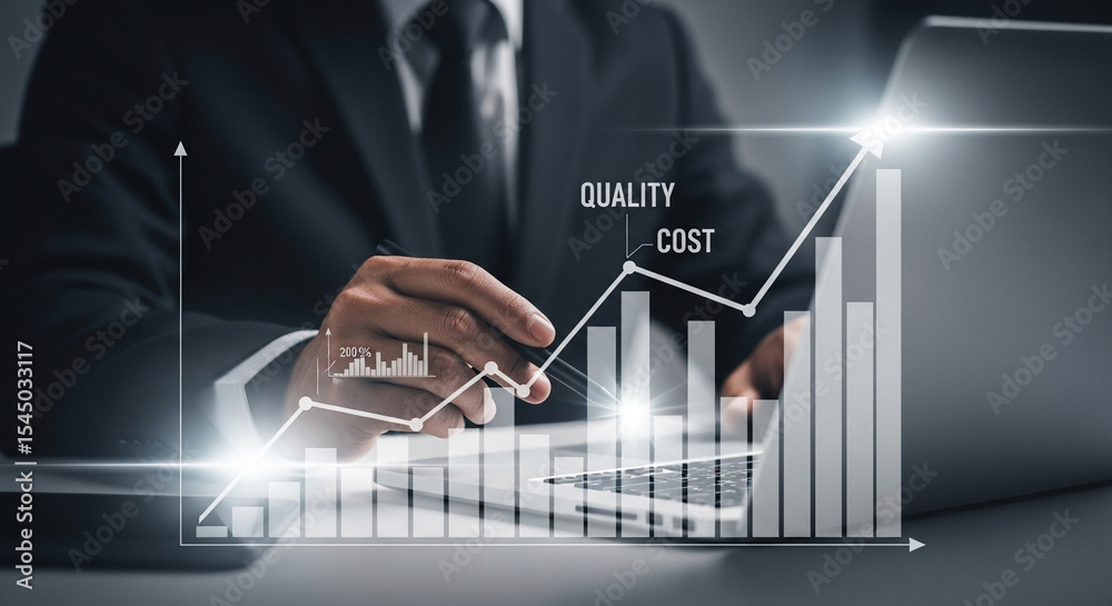 Poster a businessman analyzing a rising graph of quality and cost on a laptop in a dark suit and tie