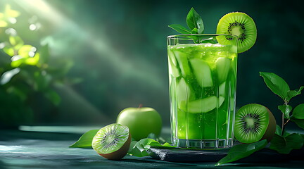 A glass of green juice with apple and kiwi fress