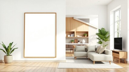 Frame mockup, ISO A paper size. Living room wall poster mockup. Interior mockup with house background. Modern interior design. 3D render